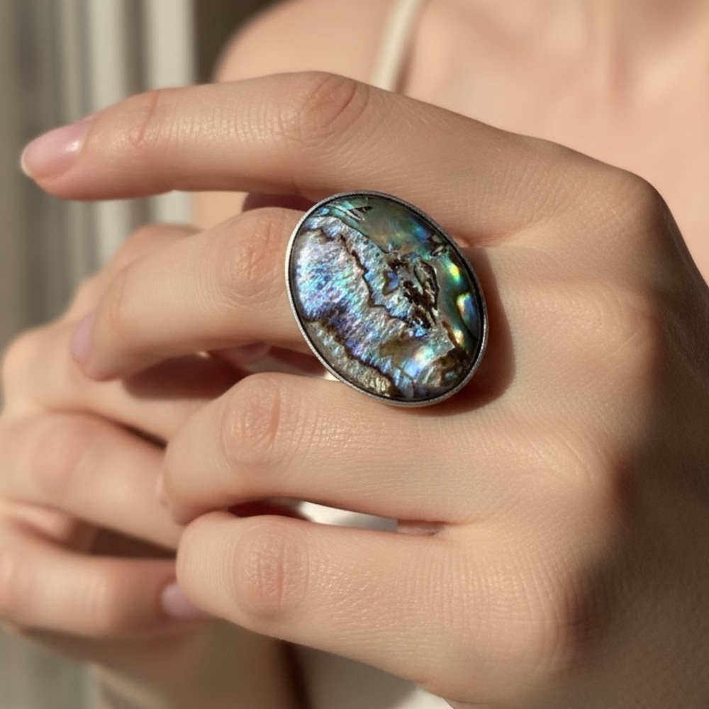 New Oversized Abalone Statement Ring Silver Boho Iridescent Shell Jewelry Gift 7